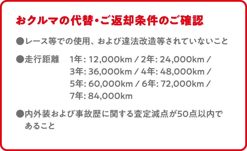 おクルマの代替・ご返却条件のご確認